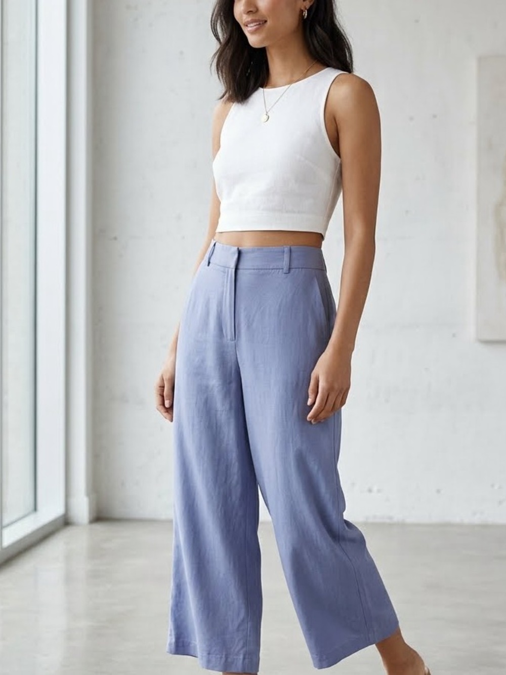 Aritzia Babaton Tahoma Wide Leg Linen Blend Cropped Pants Blue Size 2